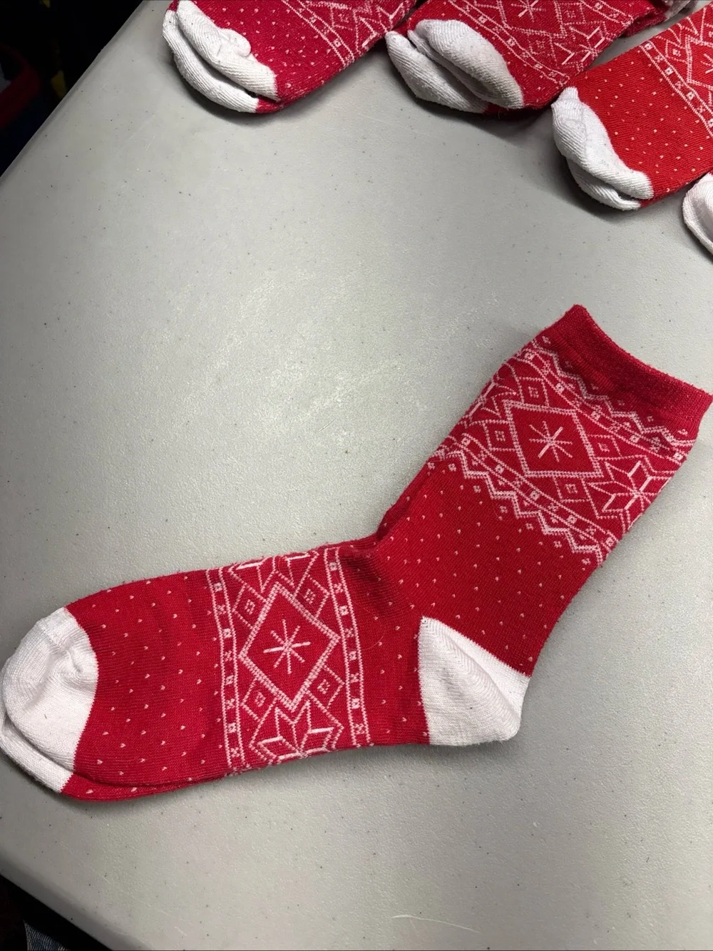 Women’s Fair Isle Red White Christmas Socks Nordic Winter Stars Cotton Blend
